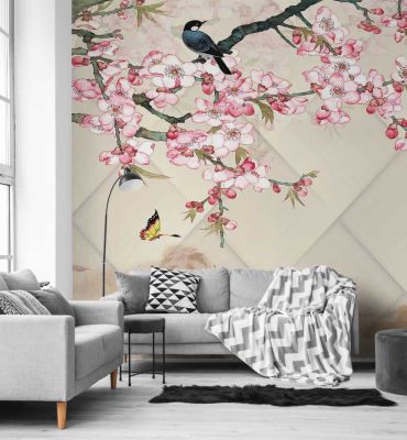 Fototapete blühender Blütenzweig mit Vögel Hauptbild mit Beispiel