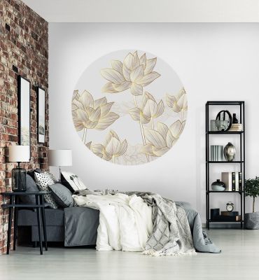 Fototapete Abstrakt gezeichnete Blumen gold weiß rund