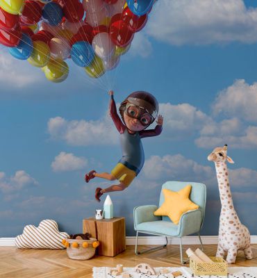 Fototapete Fliegender Junge mit Luftballons am Himmel