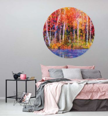 Fototapete Bunter Wald mit Fluss Malerei rund