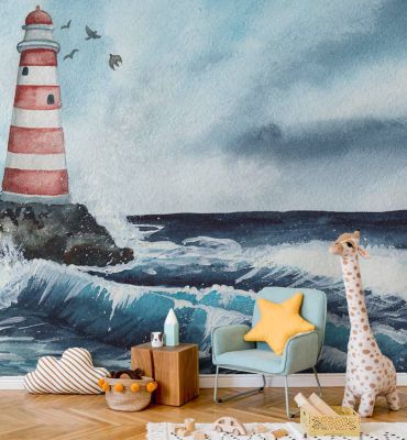 Fototapete gemaltes Gemälde mit Leuchtturm am Meer