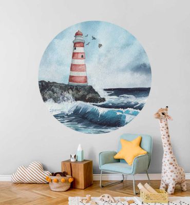 Fototapete gemaltes Gemälde mit Leuchtturm am Meer rund
