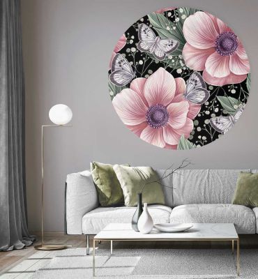 Fototapete blühende Blume mit Schmetterlingen rund Hauptbild mit Beispiel
