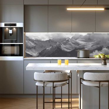 Küchenrückwand Berge schwarz weiß Gesamtbild