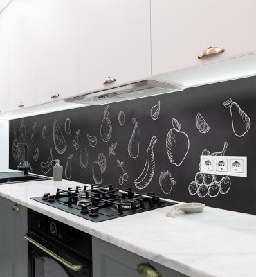 Küchenrückwand Kreide Früchte auf Tafel selbstklebend Ansicht im Raum