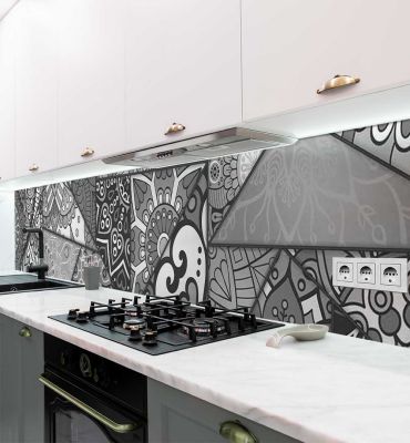 Küchenrückwand Buntglasfenster schwarz weiss selbstklebend Hauptbild mit Beispiel