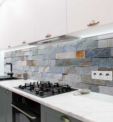 Küchenrückwand Blaue Steinmauer selbstklebend Hauptbild mit Beispiel