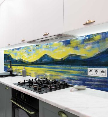Küchenrückwand Sonnenaufgang See selbstklebend Hauptbild mit Beispiel