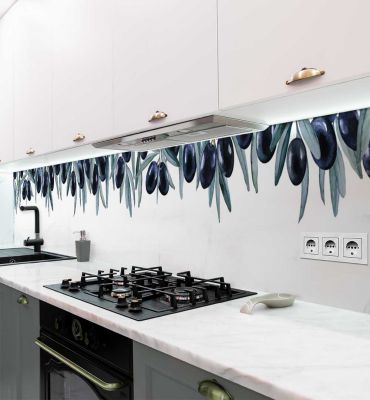 Küchenrückwand Hängende Oliven mit Blatt selbstklebend Hauptbild mit Beispiel