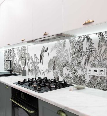 Küchenrückwand Dschungel Zeichnung mit Vögel  selbstklebend Hauptbild mit Beispiel