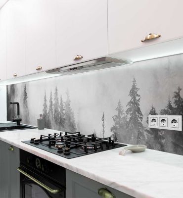 Küchenrückwand Nebelverhüllter Wald farblos selbstklebend Hauptbild mit Beispiel