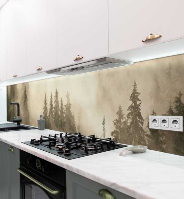 Küchenrückwand Nebelgehüllter heller Wald selbstklebend Hauptbild mit Beispiel