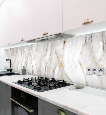Küchenrückwand Marmor Weiß Gold selbstklebend Hauptbild mit Beispiel