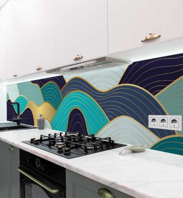 Küchenrückwand blau gold Wellen selbstklebend Hauptbild mit Beispiel