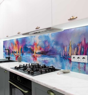 Küchenrückwand bunt gemalter Hafen mit Wasserfarben selbstklebend