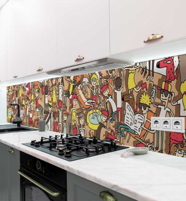 Küchenrückwand Grafik mit Cartoon Figuren selbstklebend Hauptbild mit Beispiel
