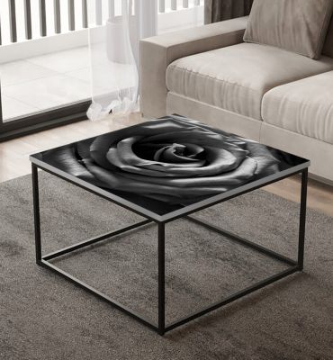 Tischfolie Offene Rosenblüte schwarz weiß Bubblefree selbstklebend Hauptbild mit Beispiel