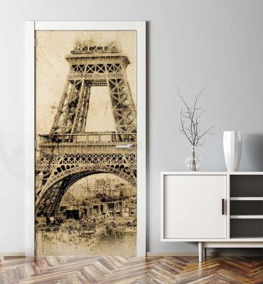 Türtapete Eiffelturm Nostalgie gelb