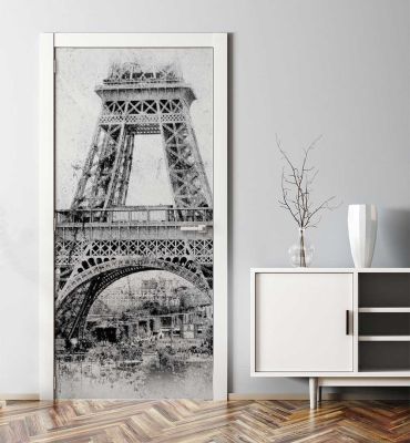 Türtapete Eiffelturm Nostalgie grau Hauptbild mit Beispiel