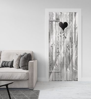 Türtapete Silberfolie alte Tür mit Herz Schwarz Weiß Hauptbild mit Beispiel