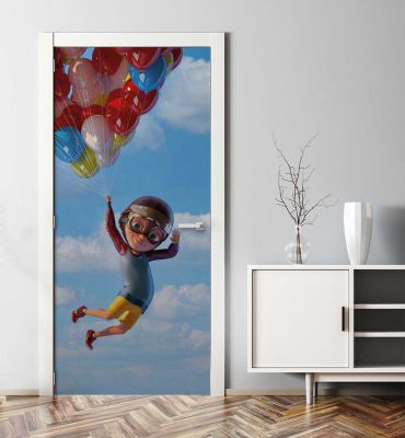 Türtapete Junge fliegt mit Luftballons am Himmel