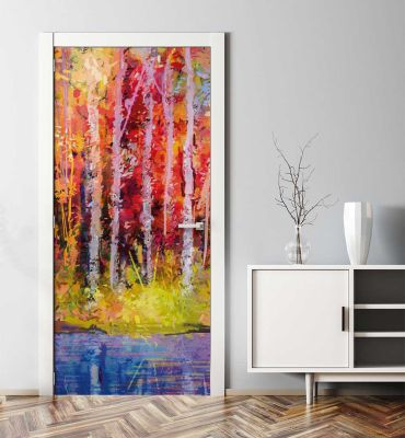 Türtapete Bunter Wald mit Fluss Malerei Hauptbild mit Beispiel