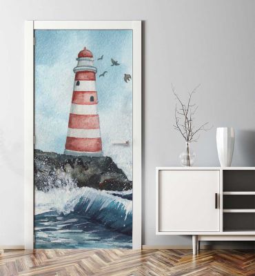 Türtapete gemaltes Gemälde mit Leuchtturm am Meer Hauptbild mit Beispiel