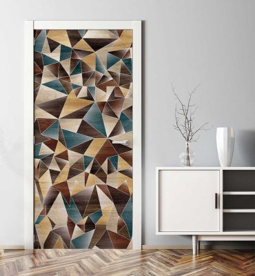 Türtapete Abstrakte kleine Dreiecke in Holz Farben Hauptbild mit Beispiel