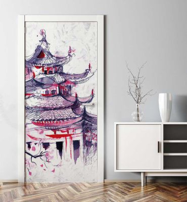 Türtapete Asiatischer Tempel gemalt mit Wasserfarben