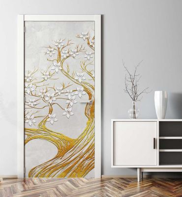 Türtapete Goldener Baum mit Blüten